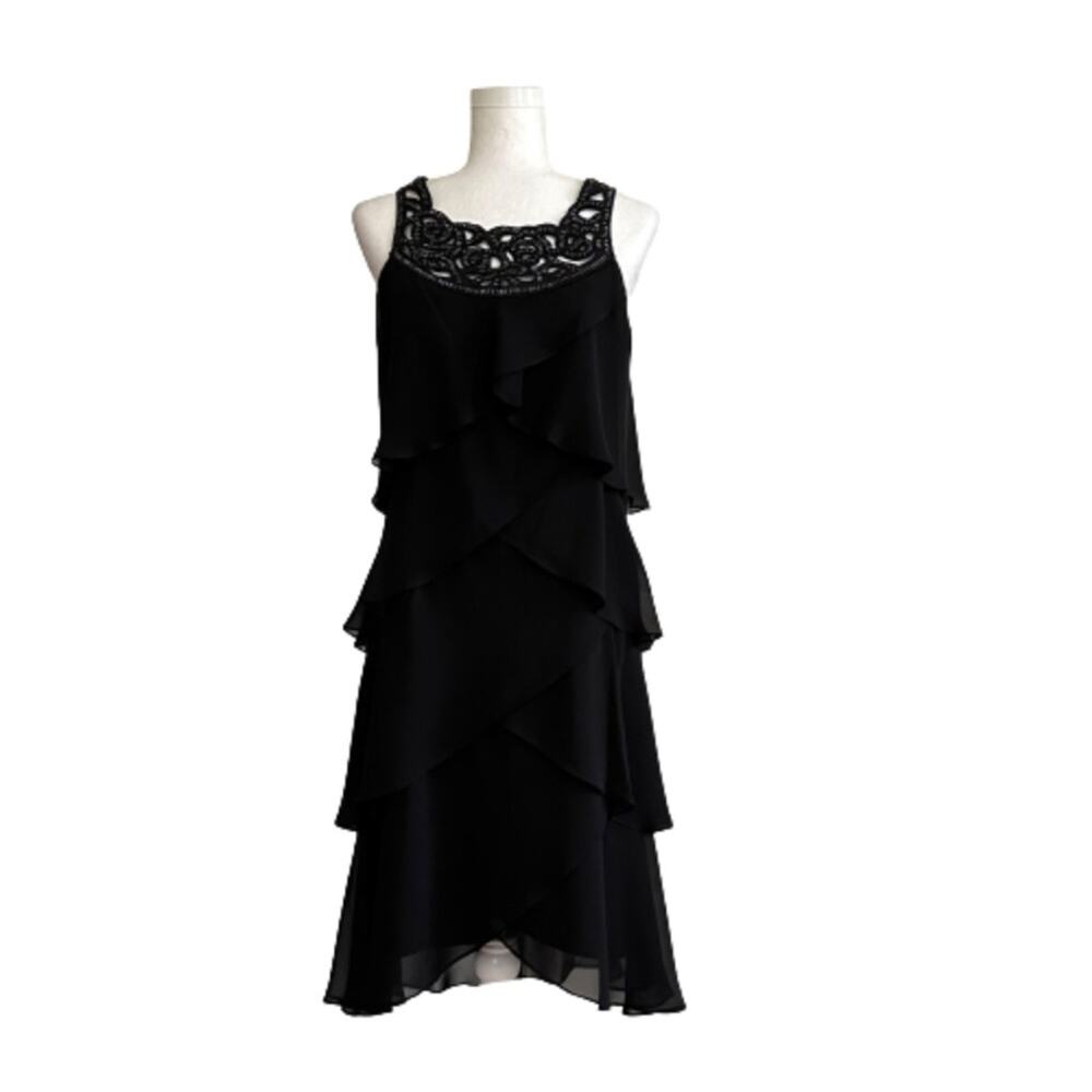 SLNY Dress Black Chiffon Beaded Neck Sleeveless Tiered Ruffle Cocktail 10 NEW